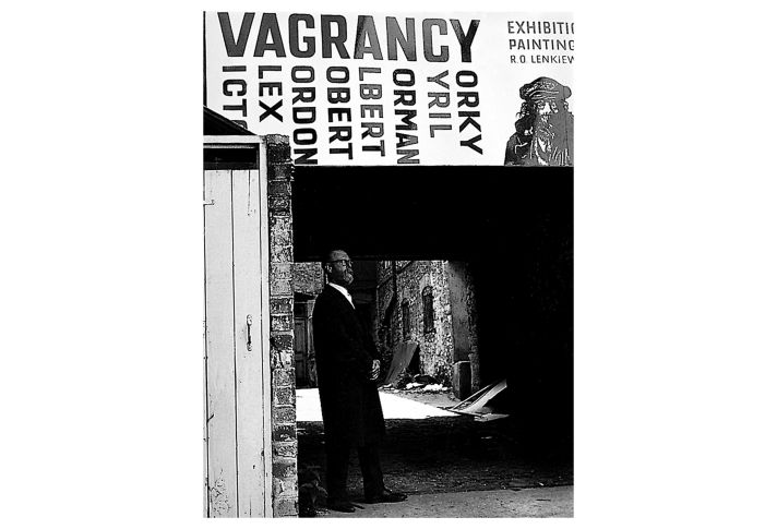 Ernest Fisher (Bishop) near 'Jacob's Ladder', venue for the Vagrancy exhibition, 1973.